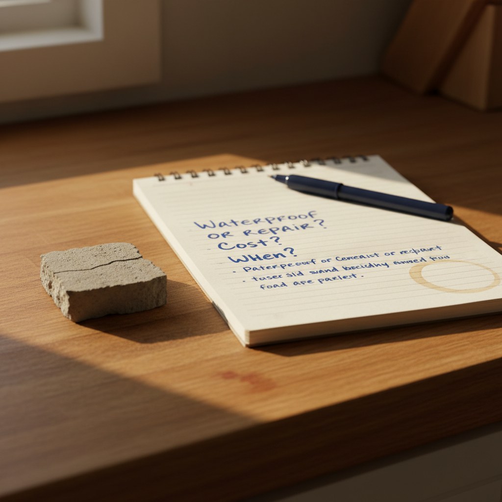 Handwritten shorthand basement decision notes and a poured concrete sample with hairline crack on a kitchen counter